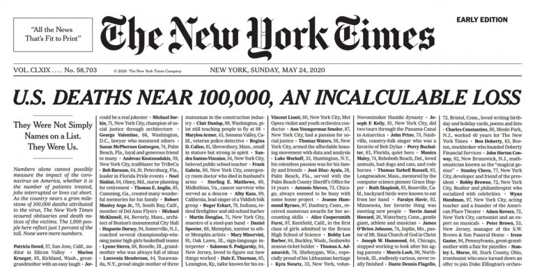 Το συγκλονιστικό πρωτοσέλιδο των New York Times για τα θύματα του κορωνοϊού -«Δεν ήταν απλά ονόματα…»