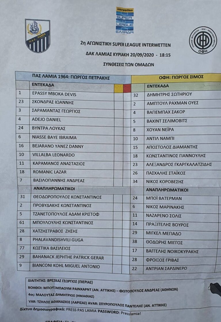 Οι ενδεκάδες για ΟΦΗ και Λαμία