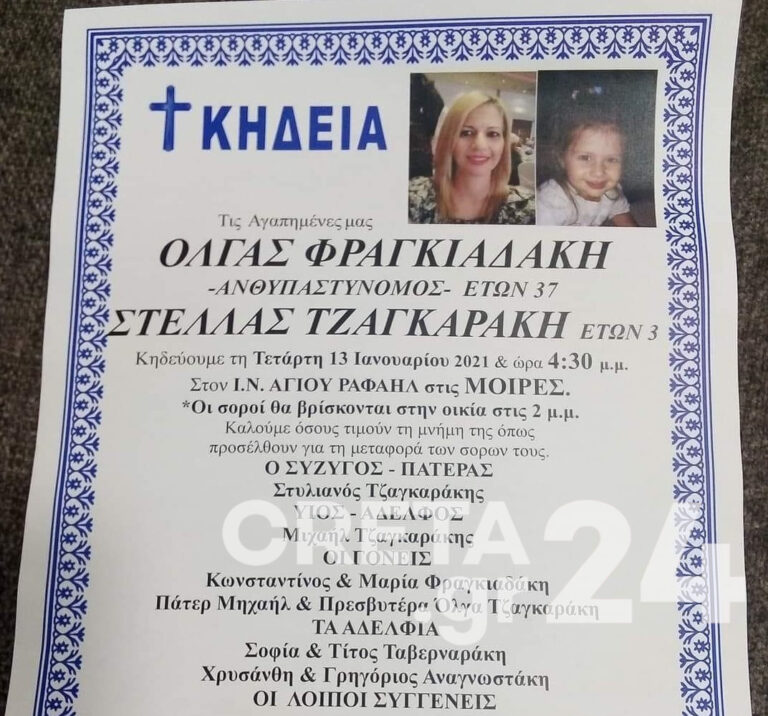 Ηράκλειο: Αύριο το τελευταίο αντίο στην μάνα και την κόρη που χάθηκαν σε τροχαίο