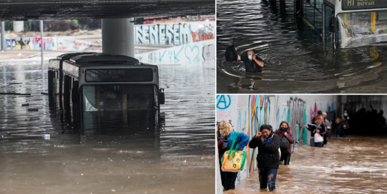 Κακοκαιρία «Μπάλλος»: Εγκλωβισμένο παραμένει το λεωφορείο στην Ποσειδώνος – Θέμα και στα διεθνή ΜΜΕ