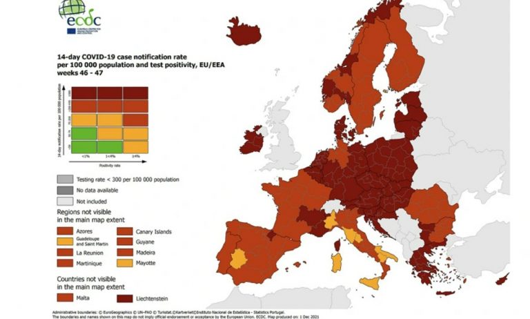 Σε «βαθύ κόκκινο» την Ελλάδα δείχνει ο χάρτης του ECDC