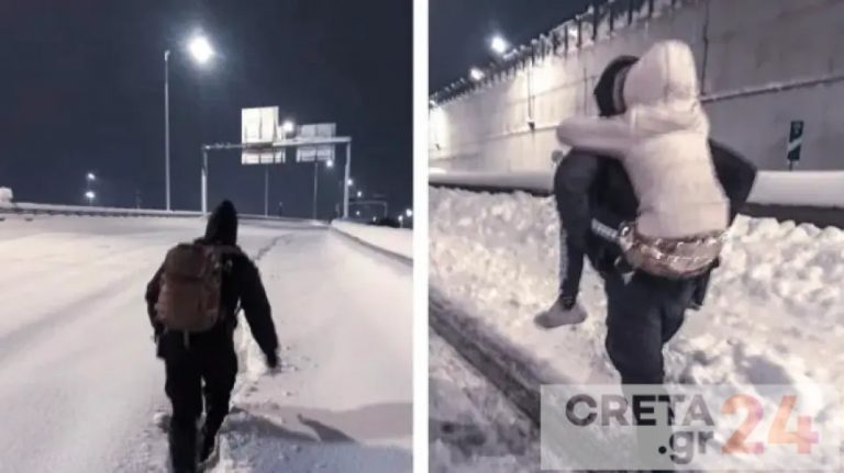 Κακοκαιρία «Ελπίς»: Αστυνομικός κουβαλάει στην πλάτη ένα μικρό κορίτσι