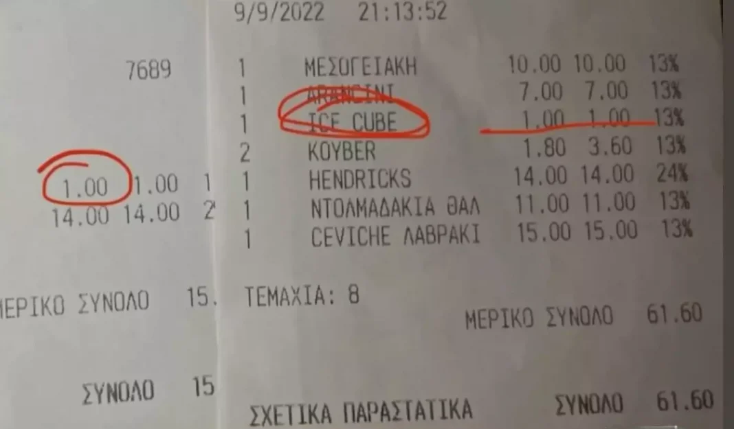 Εστιατόριο χρέωσε ένα ευρώ τον πάγο στο ποτό – Τι απαντά ο υπεύθυνος του μαγαζιού