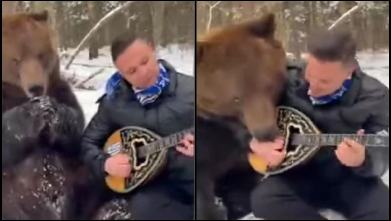Λαρισαίος έγινε viral παίζοντας μπουζούκι στα χιόνι με μια αρκούδα δίπλα του