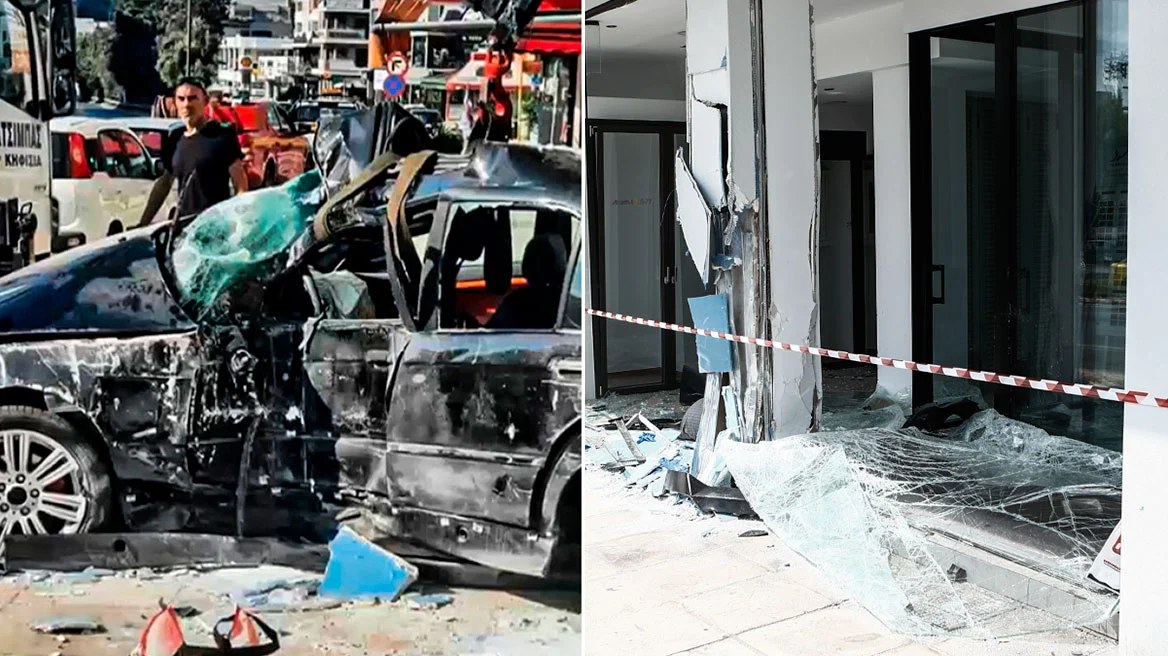 Σοβαρό τροχαίο με αυτοκίνητο να εισβάλει σε κατάστημα σπάζοντας την τζαμαρία