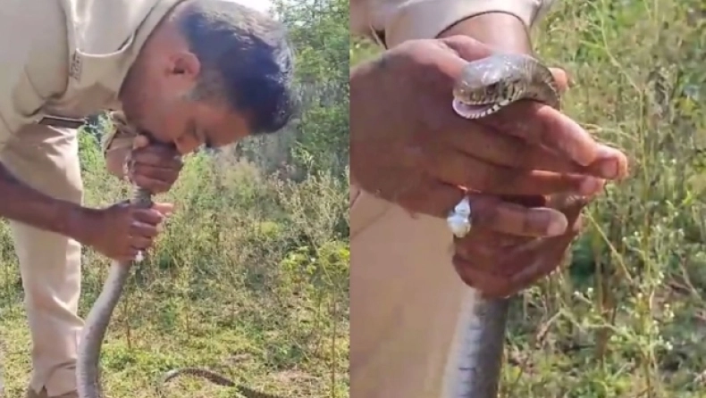 Αστυνομικός στην Ινδία έδωσε «το φιλί της ζωής» σε...φίδι: Το βρήκε χωρίς τις αισθήσεις του