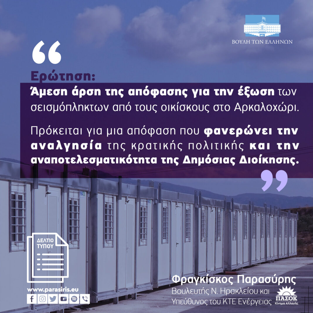 Φραγκίσκος Παρασύρης: «Άμεση άρση της απόφασης για την έξωση των σεισμόπληκτων από τους οικίσκους»