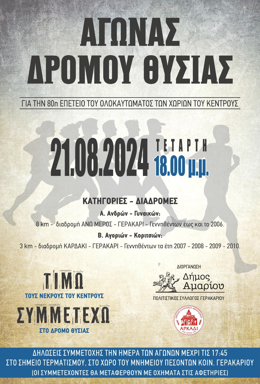 Αγώνες Δρόμου Θυσίας για την 80η Επέτειο του Ολοκαυτώματος των Χωριών του Κέντρους