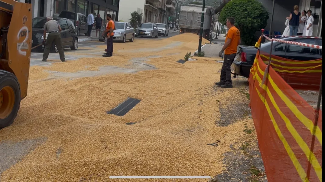 Καλαμπόκι χύθηκε από φορτηγό και «φράκαρε» τον δρόμο