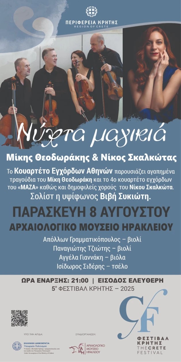 Πανσέληνος Αυγούστου 2025: «Νύχτα μαγικιά – Μίκης Θεοδωράκης & Νίκος Σκαλκώτας» στον κήπο του Αρχαιολογικού Μουσείου Ηρακλείου