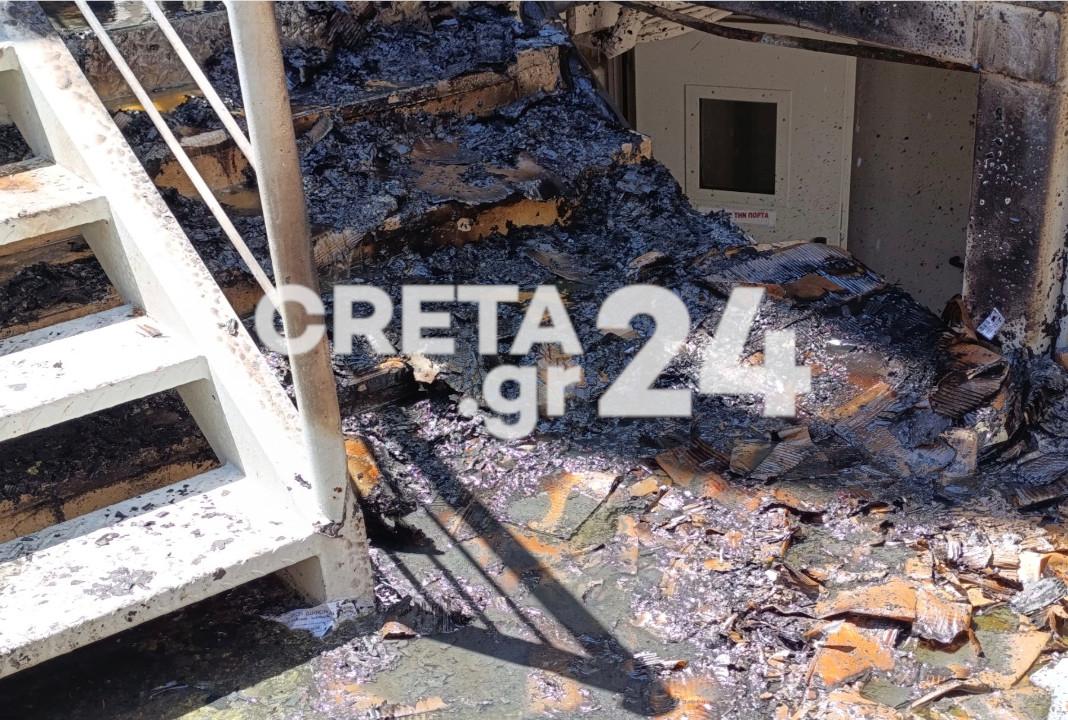 Ηράκλειο: Εικόνες καταστροφής από τη φωτιά σε αυλή ιδιωτικής κλινικής
