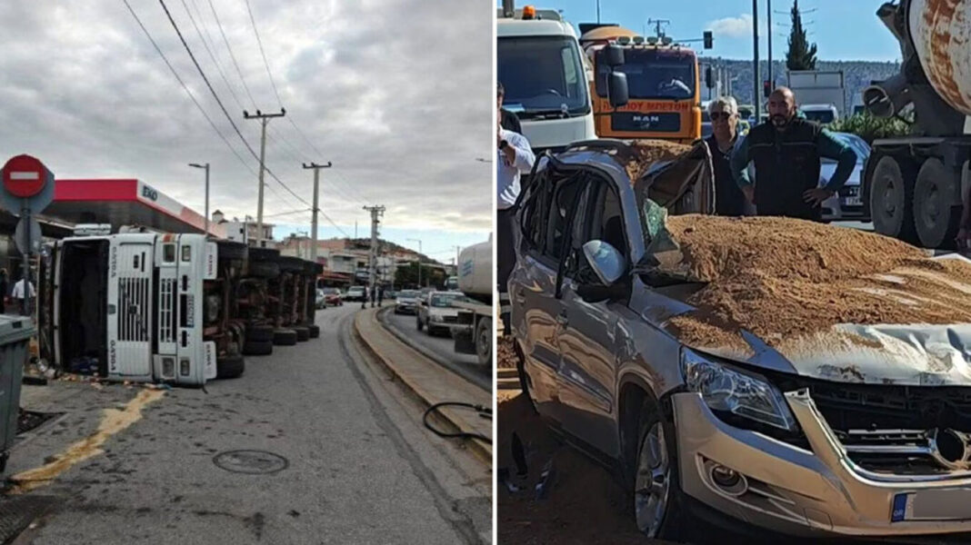 ntalika2-xrm Τροχαίο στη Βάρη: Νταλίκα ανετράπη – “Έλιωσε” ΙΧ από το χώμα που μετέφερε