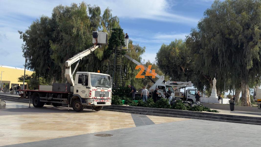Ηράκλειο: Ξεκίνησε ο στολισμός του χριστουγεννιάτικου δέντρου στην Πλατεία Ελευθερίας